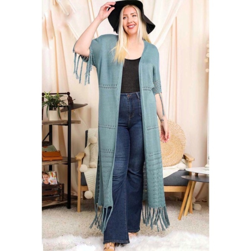 DAVI & DANI Blue Sage Half Sleeve Solid Color Cardigan with Fringe